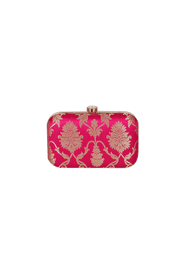 Rosy Red Brocade Box Clutchwith Sling (8 X 2 X 4.5)